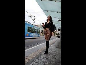 Slutty girl in leopard leggings spotted on tram station Picture 1
