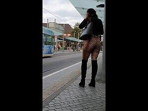Slutty girl in leopard leggings spotted on tram station Picture 5
