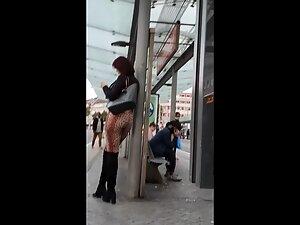 Slutty girl in leopard leggings spotted on tram station Picture 6