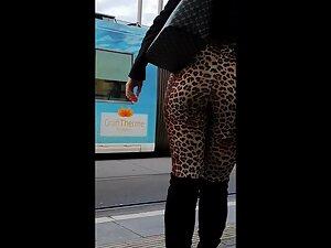 Slutty girl in leopard leggings spotted on tram station Picture 7