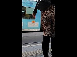 Slutty girl in leopard leggings spotted on tram station Picture 8