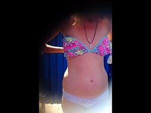 Peeping on blonde's tiny tits and shaved pussy Picture 2